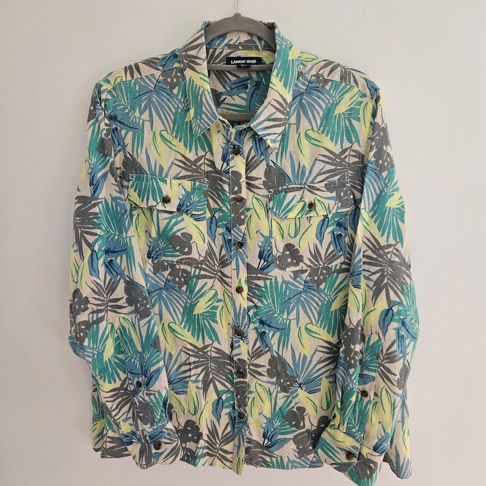 Lands' End Women Button Down Shirt Monstera Fern Leaf Print 100% Linen L 14-16